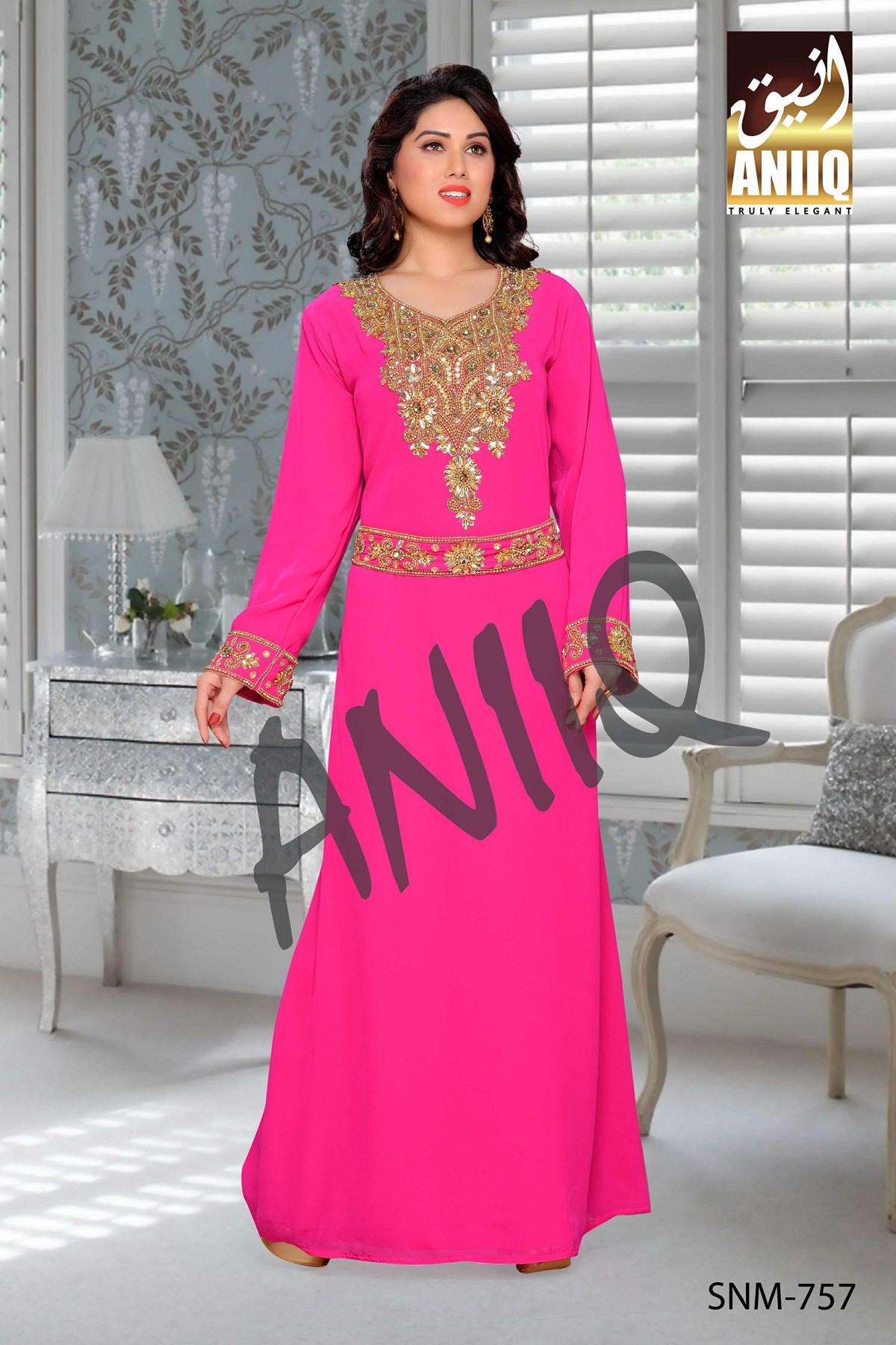 Fuchsia Pink   Embroidered   Faux Georgette   Kaftan