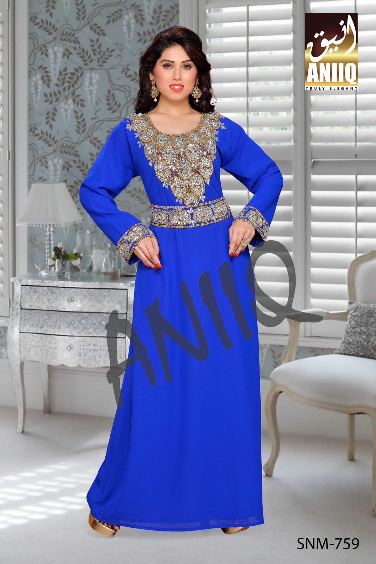 Royal Blue   Embroidered   Faux Georgette   Kaftan