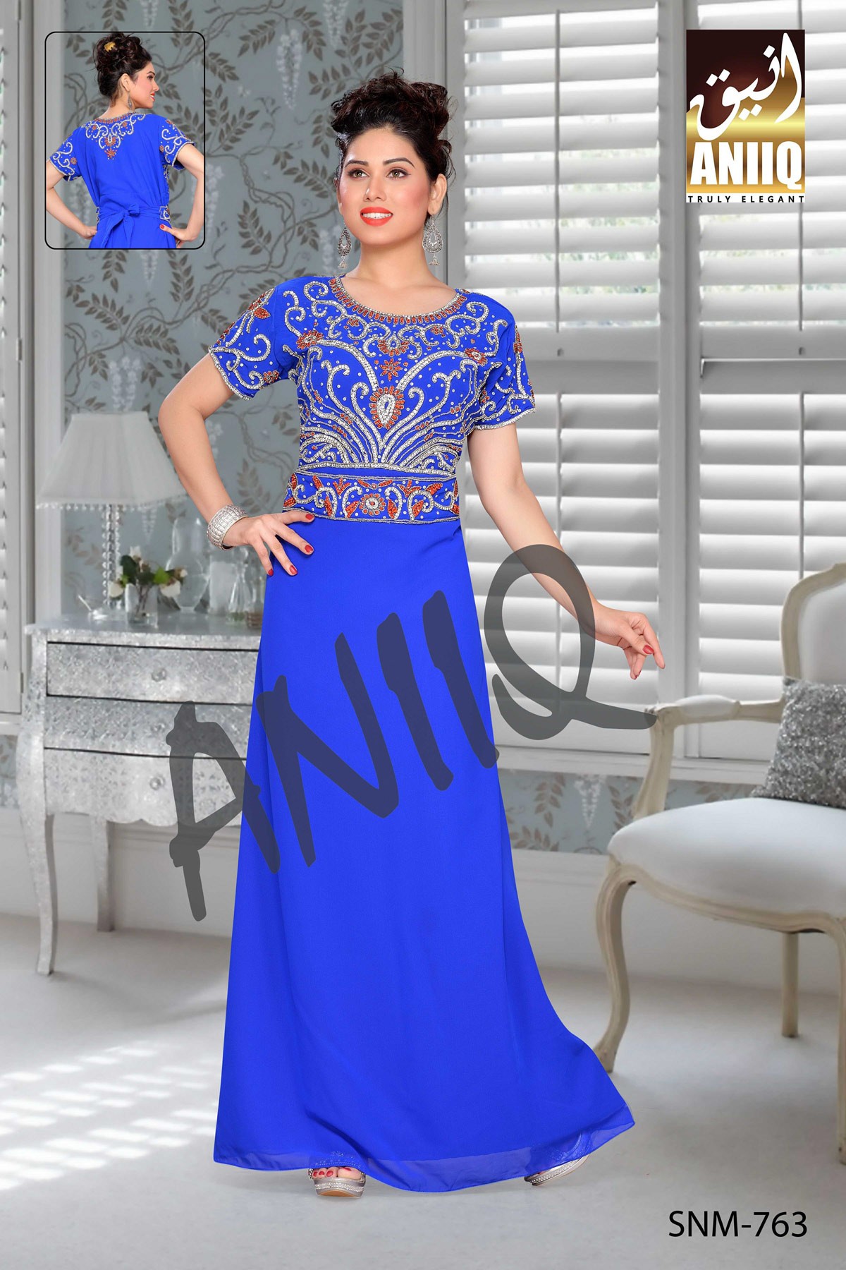 Royal Blue   Embroidered   Faux Georgette   Kaftan