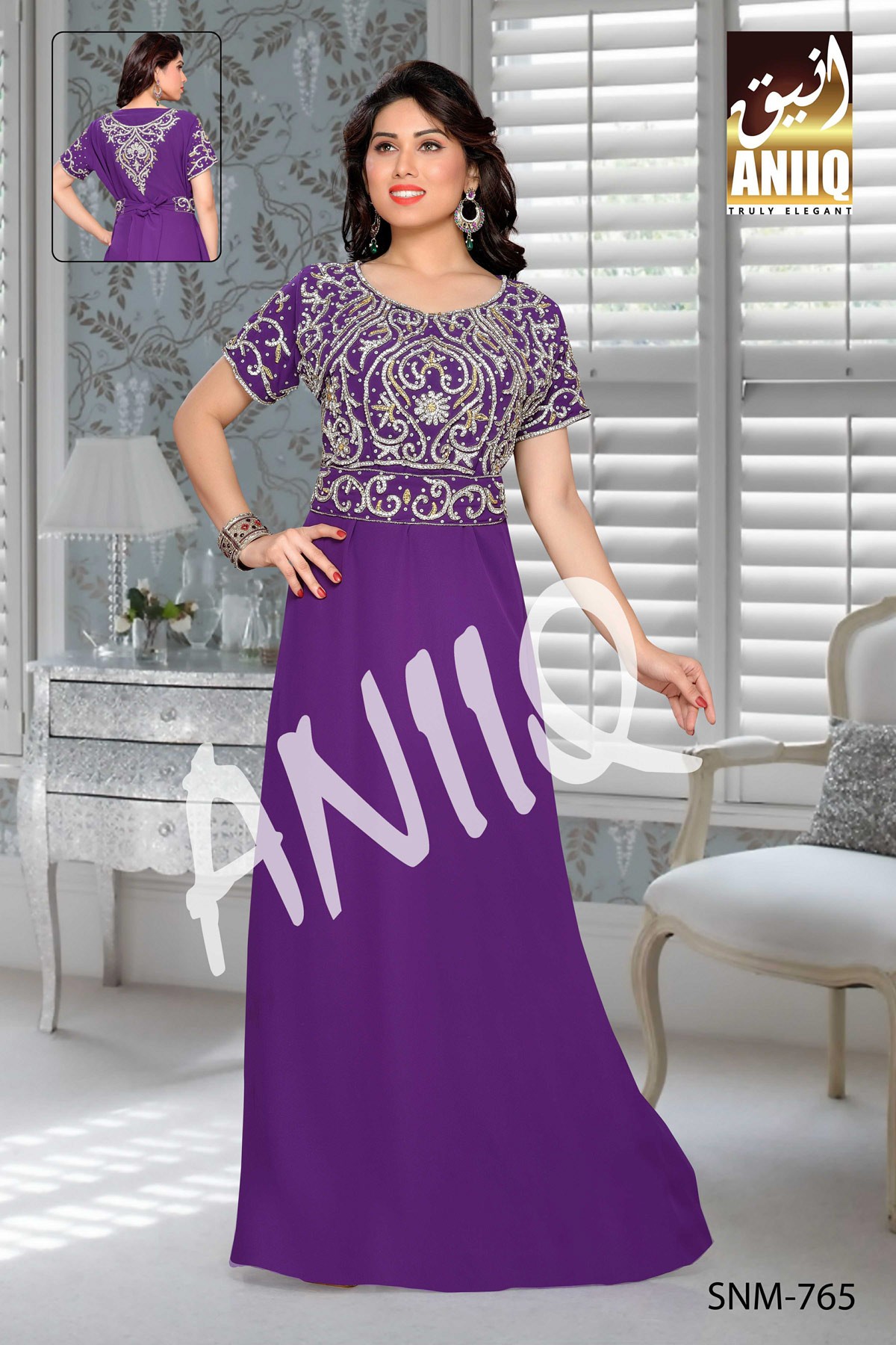 Purple   Embroidered   Faux Georgette   Kaftan