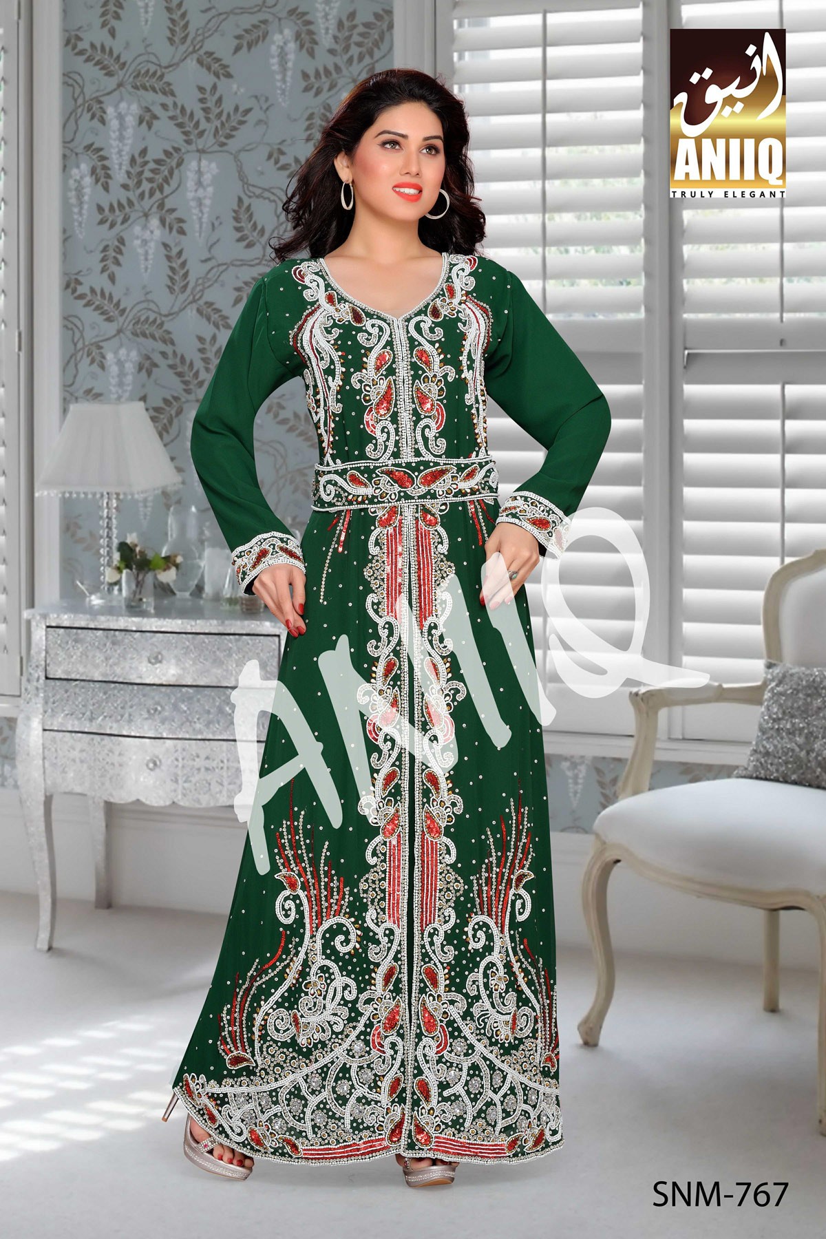 Bottle Green   Embroidered   Faux Georgette   Kaftan