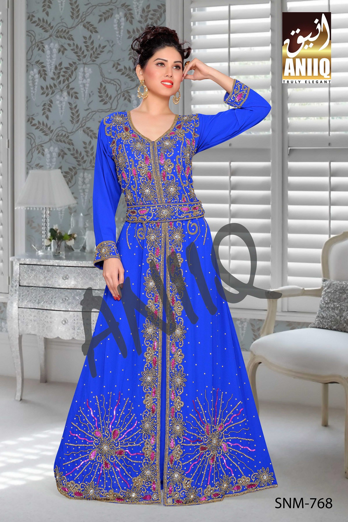 Royal Blue   Embroidered   Faux Georgette   Kaftan