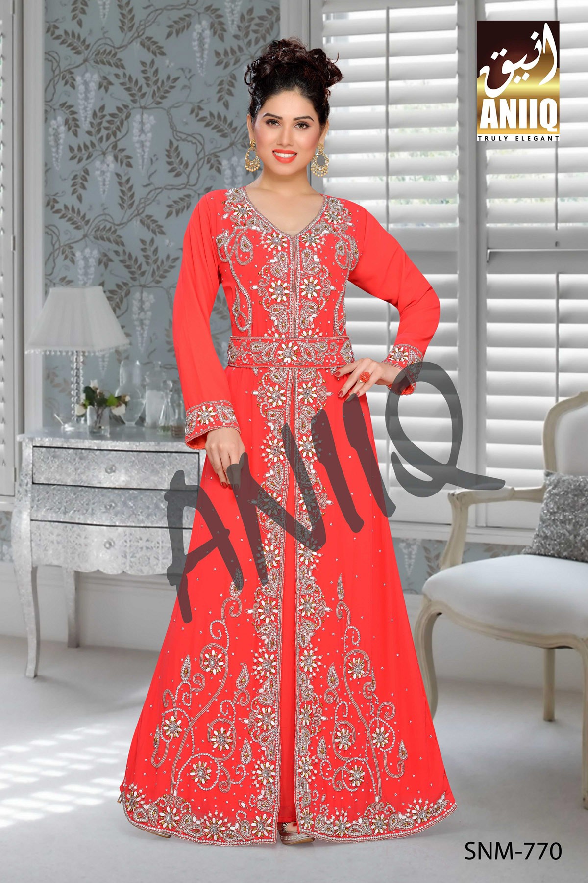 Coral   Embroidered   Faux Georgette   Kaftan