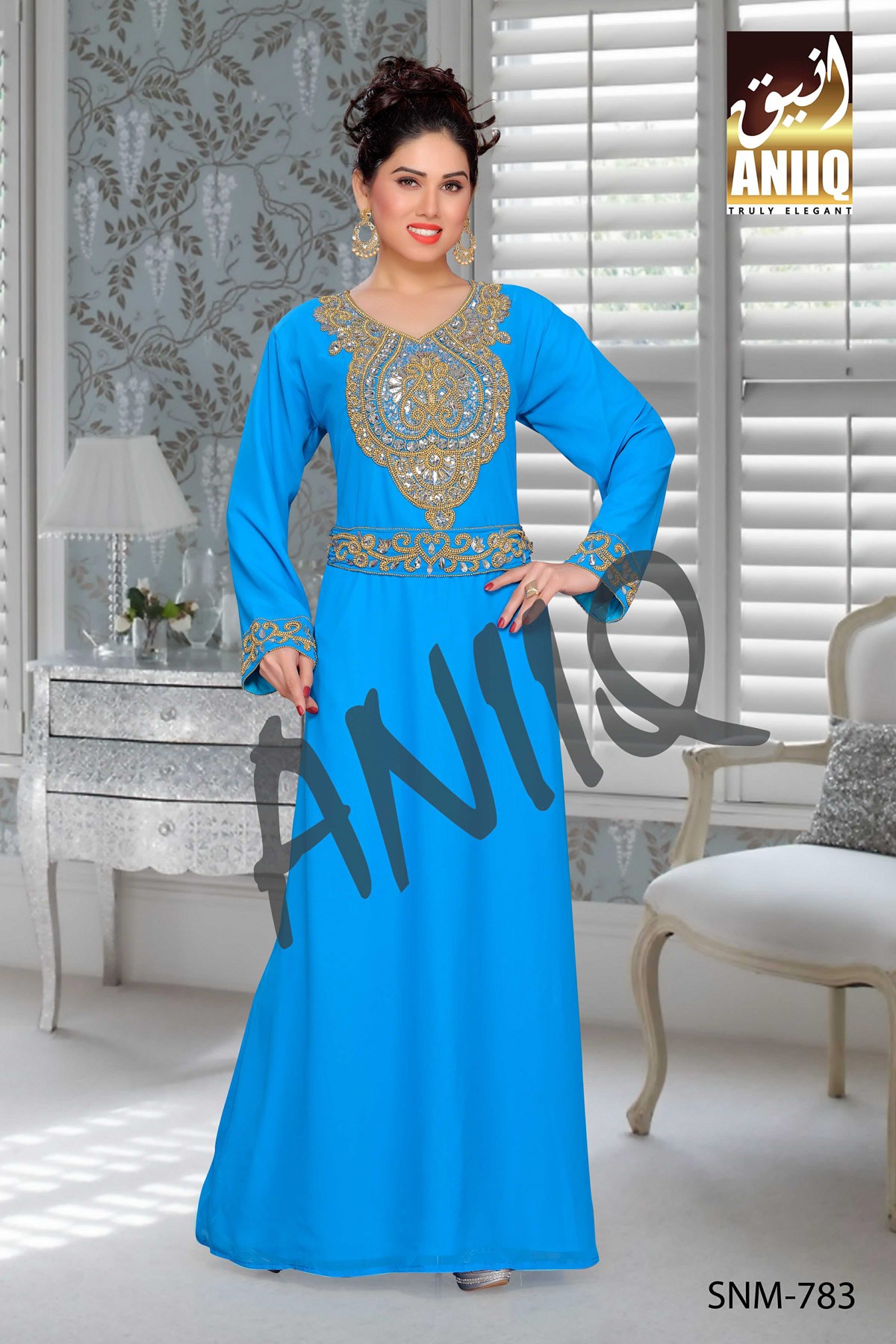 Blue  Embroidered  Faux Georgette  Kaftan